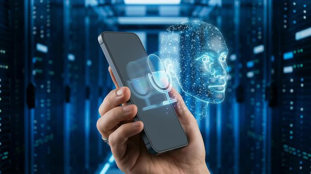 Smart AI technology with digital hologram and microphone uses synthetic voice cloning, personal recognition smartphone hand to prevent deepfake and scam threats with advanced artificial intelligence