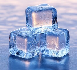 Obraz premium Three clear ice cubes stacked on a wet reflective surface with cool blue tones and soft warm highlights, evoking refreshing calm and chilled freshness