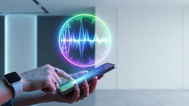 Smart AI technology synthetic voice recognition mobile phone call cloning deepfake scam protection personal identity safety digital sound wave hologram secure communication