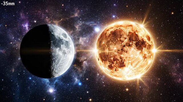 Creation of the sun and moon in deep space. Biblical Genesis concept of celestial bodies. Glowing sun and half moon amidst stars and nebula