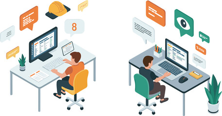 Isometric remote office illustration, dual desk workers collaboration, digital workspace scene, productivity technology concept, modern professional environment