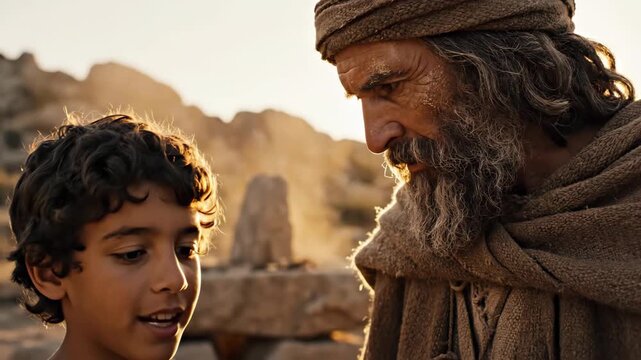 Abraham and Isaac in the desert. Biblical father and son talking in a rocky landscape. Old Testament patriarch and child during golden hour. Genesis narrative scene