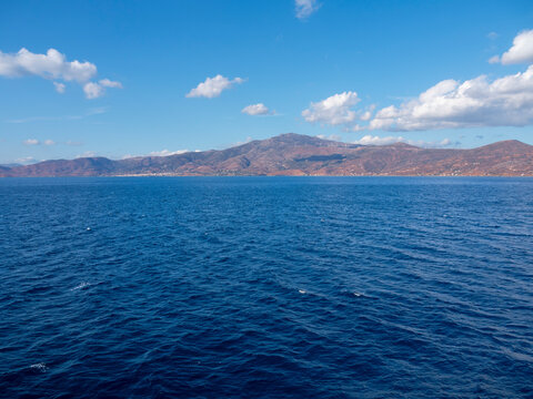 View of the southern part of the island Evia (Euboea) and Mount Ochi (Oxi) with windmills in the Aegean Sea in Greece