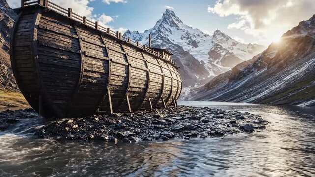 Noah's Ark resting on the slopes of Mount Ararat. Biblical flood waters receding from the rocky shore. Massive wooden vessel grounded in a mountain landscape. Genesis aftermath concept