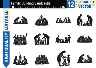 Silhouette set of a family building a sandcastle on the beach, representing summer vacation, creative play, teamwork, and precious bonding moments.