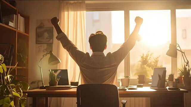 Man celebrating success in sunlit home office after achieving goals