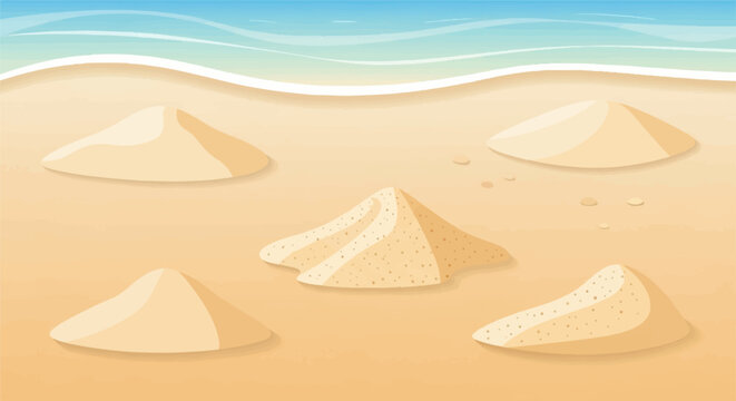 Gentle ocean waves roll onto a sandy beach with several sand piles