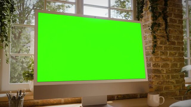 Computer All in One Screen Mockup with Camera Push In &ndash; Left Bottom Perspective Zoom into Full Screen, Chroma Key Green Screen with Tracking Clip for Easy Screen Replacement