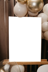 Mockup decoration standing on a wooden stand for your photo, greeting card, collage, surrounded by balloons