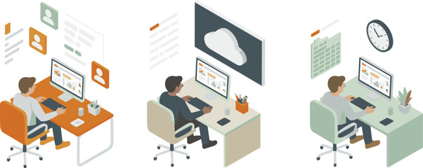 Obraz premium Minimalist isometric remote workspace illustration showing professionals working at desks with cloud interface and modern digital productivity tools
