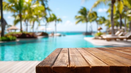 Fototapeta premium Wooden table foreground with blurred tropical resort background. Empty wood surface for product display in sunny vacation setting.