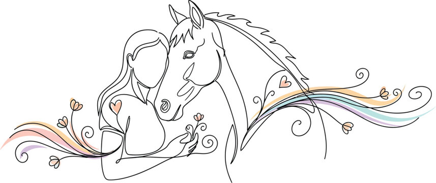 A simplified line art drawing depicts a young person embracing the head of a horse, symbolizing deep affection and the bond between human and animal.