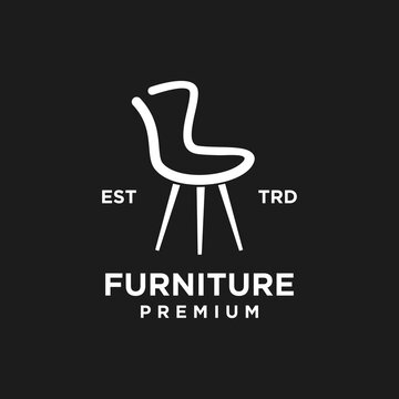 Modern Minimalist White Chair Line Art Furniture Premium Logo Design on Black Background
