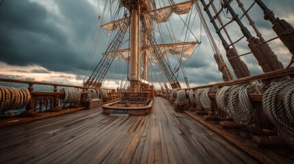 Obraz premium Wooden deck of an old sailing ship during a stormy day. Adventure travel concept for pirate story or nautical history backdrop. Sea voyage.