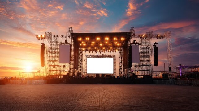 Outdoor concert stage with blank LED screen and light rigging at sunset. Music festival event, presentation, performance, or broadcast concept.
