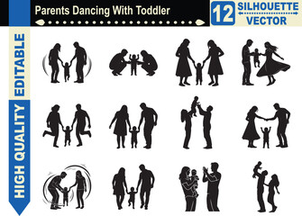 Silhouette collection of parents dancing with their toddler, symbolizing family happiness, fun parenting, and domestic love in a cozy home.