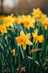 Fototapeta premium Vibrant daffodils celebrating saint david's day in blooming garden landscape. Vertical banner. Copy space. Spring flower background
