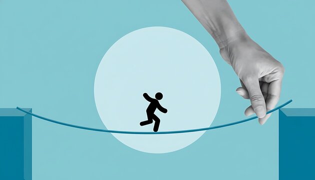 Man balancing on tightrope with hand holding end of rope, precarious pose, teal background, monochrome hand, graphic design concept featuring balance, equilibrium, risk with skill and focus elements
