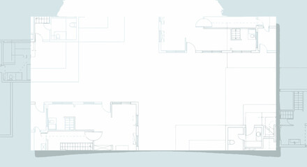Technical drawing of a floor plan illustrating the architectural design and layout of a modern residential building from a top-down viewpoint