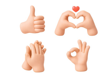 3D Cartoon Hand Gestures Set Isolated on Black Background &ndash; Thumbs Up, Heart Shape, OK and Clapping Hands