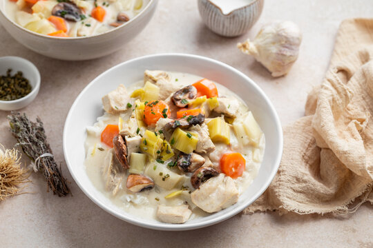 assiette de blanquette de poulet fait maison carottes poireaux et champignons
