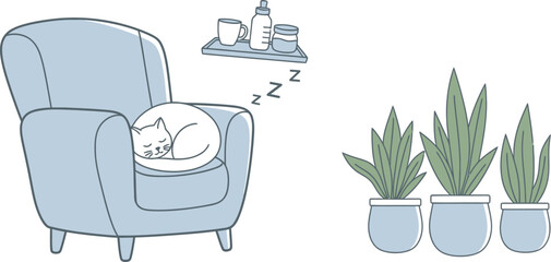 Sleeping white cat rests comfortably curled up inside a large, plush blue armchair beside potted snake plants.