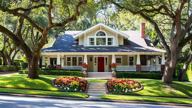 Traditional craftsman bungalow with red door and large oak trees in a lush garden