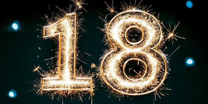 Elegant Eighteenth Anniversary Celebration Wishes with Gold Sparkler Number 18 and Shiny Lights