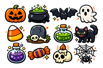 Spooky halloween illustrations: icons of ghost, pumpkin, bat, witch's cauldron, and cat.