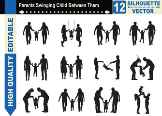 Silhouette set of parents swinging their child between them, representing family joy, playful parenting, childhood bonding, and outdoor happiness.