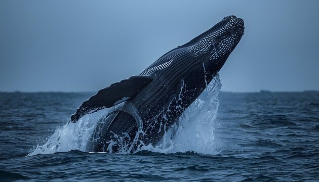 Humpback whale breaching out of the ocean water under overcast sky