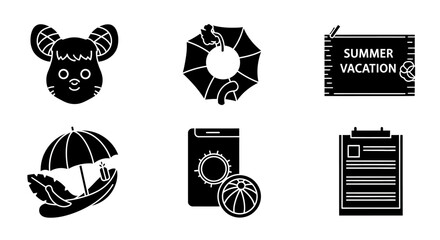 Black summer vacation icons set including mouse lifebuoy umbrella smartphone basketball and calendar on white background