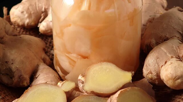 close-up of pickled and fresh ginger in a basket.