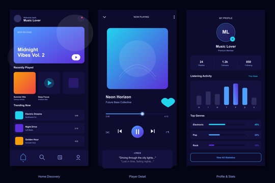A set of three mobile application user interface screens for a music streaming service featuring a dark mode theme with neon blue and purple gradient accents and data charts.
