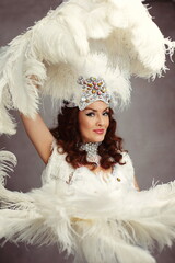 Glamorous Cabaret Showgirl in White Ostrich Feather Costume