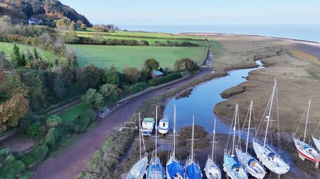 Aerial view over Porlock Weir from a drone 4K video