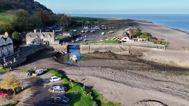 Aerial view over Porlock Weir from a drone 4K video