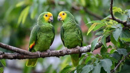 Yellow headed amazon parrots perched on tree branch