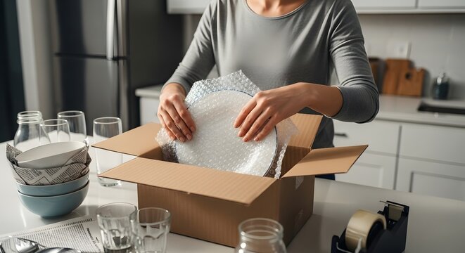Careful hands packing fragile dishes with bubble wrap into a cardboard box for moving or storage