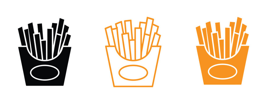 French fries silhouette icon set, fast food potato chips collection, black and white snack symbols, vector illustration design