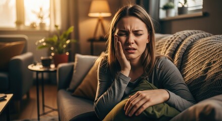 Obraz premium A woman grimaces, clutching her jaw, in a well-lit living room