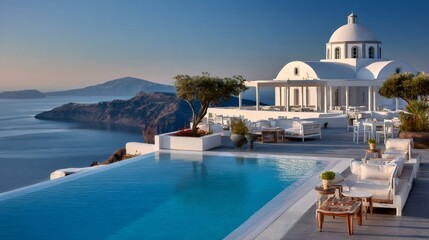 Fototapeta premium Santorini island luxury resort with infinity pool facing caldera