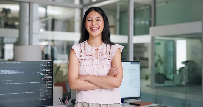Happy woman, face and software developer with confidence for online monetization in office. Portrait, female person or computer programmer with arms crossed for version control or system maintenance