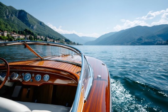 Wooden speedboat cruising on lake como with mountains