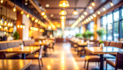 Cozy blurred interior scene with wooden tables, warm lighting, and ample seating