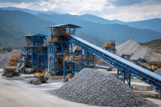 Quarry crushing plant producing gravel and aggregated stones