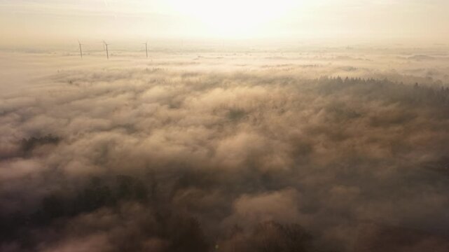 Fog blankets fields and forests at sunrise, with scattered buildings and roads barely visible below and wind turbines emerging above the mist, creating a calm, atmospheric landscape.