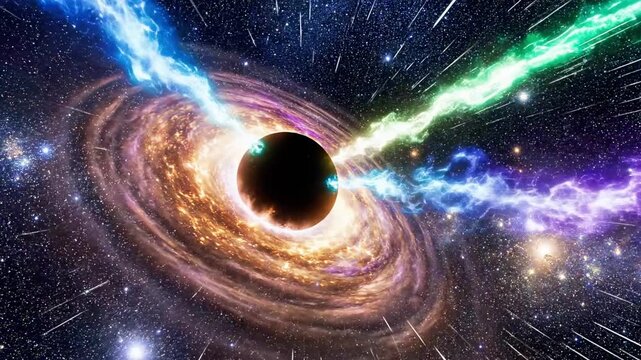 A vibrant, swirling black hole with a bright accretion disk and radiant purple and blue jets set against a starry, dark space background
