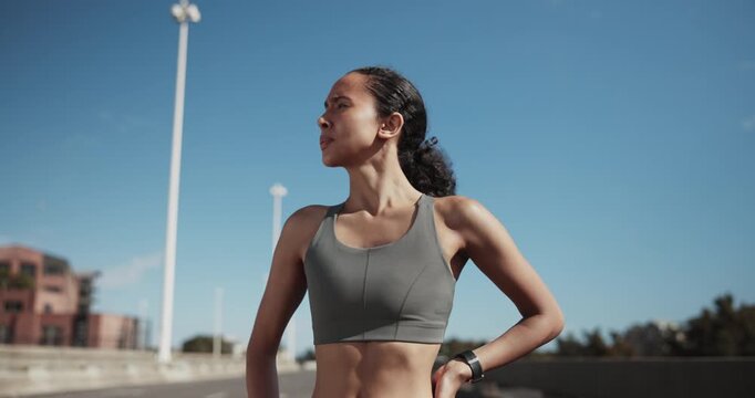 Smart watch, fitness and woman on highway for distance, wellness or running check on break. Tired, sports tech and female athlete on bridge for cardio workout, exercise or training with challenge.