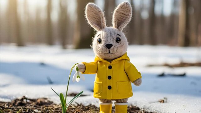 Knitted rabbit doll smelling and looking at a snowdrop flower in a snowy forest, spring and easter concept for greeting card